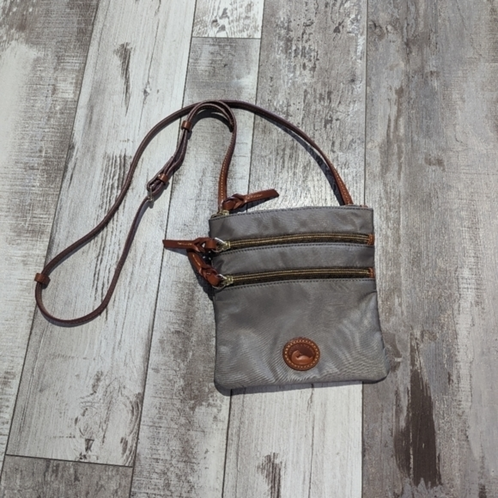 Dooney and Bourke nylon pewter and brown cross body bag 8"x8"